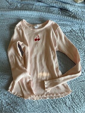 Girls’ art class Light Pink Ribbed Long-Sleeve Top with Red Cherry Applique